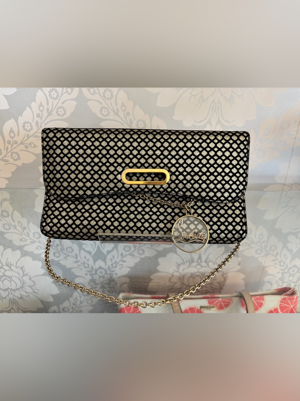 Christian Louboutin Black & Gold Bettina Clutch With Gold Chain And Charm